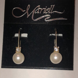 Mariell Silver Tone Faux Pearl CZ Rhinestone Dainty Earrings